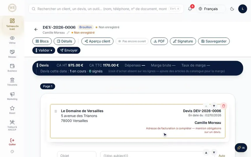 Un devis composé depuis le catalogue, prêt à envoyer