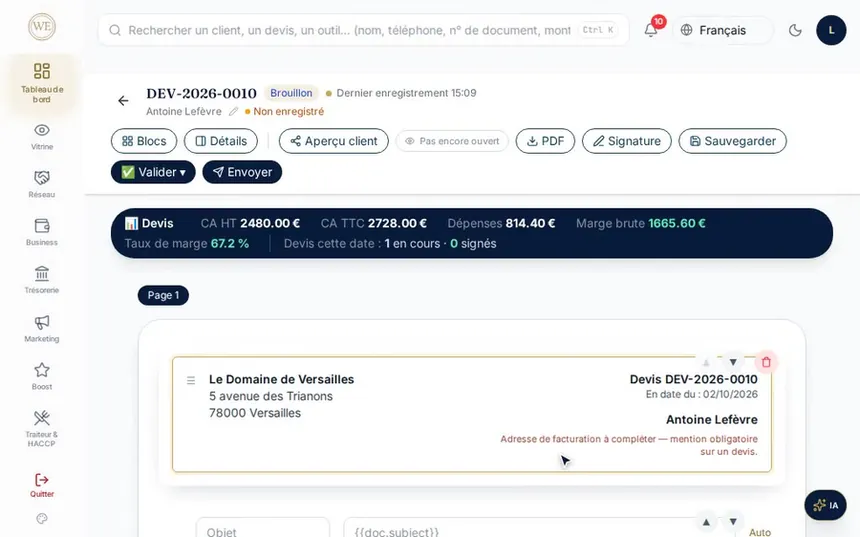Le devis à l'écran : coût, marge et taux de marge avant l'envoi